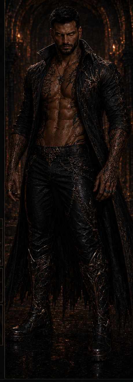 Dravakos, a towering figure in ember-lit armour