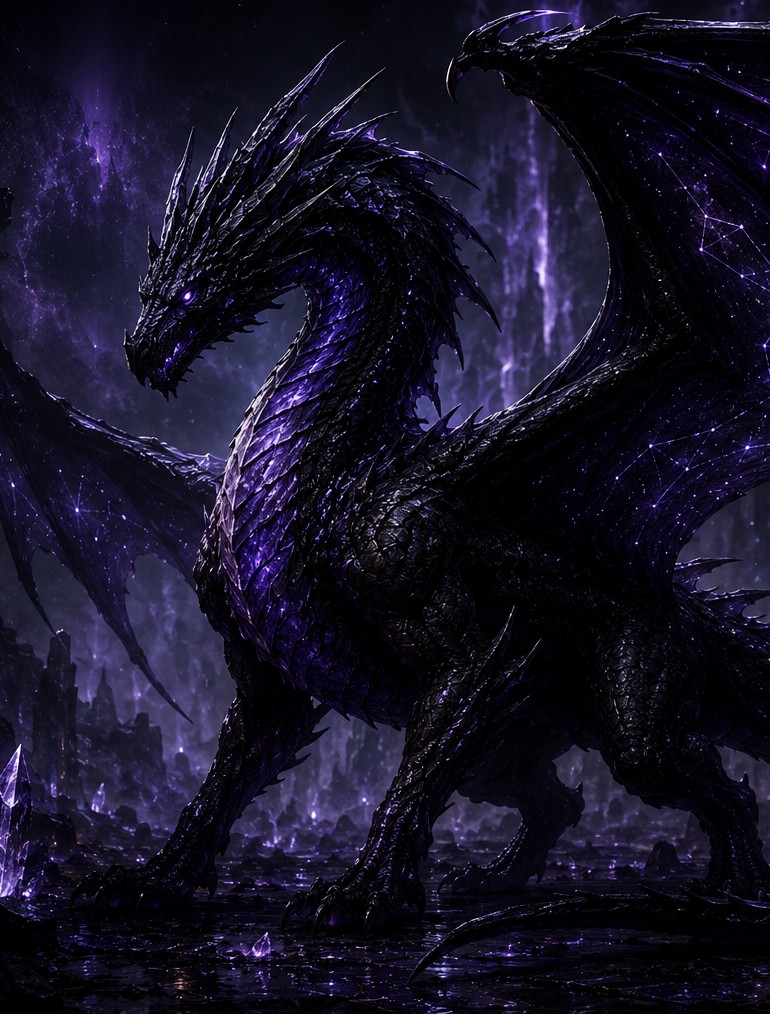 Chise, a vast black dragon with violet wings