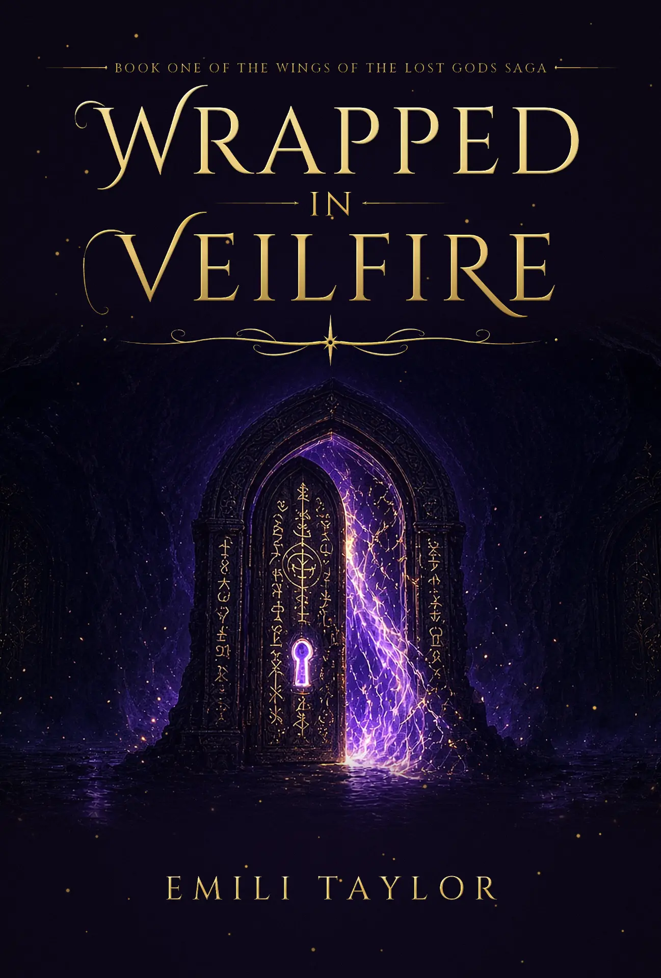 Cover of Wrapped in Veilfire by Emili Taylor — an ancient stone door standing open, golden runes glowing, violet lightning spilling through the gap